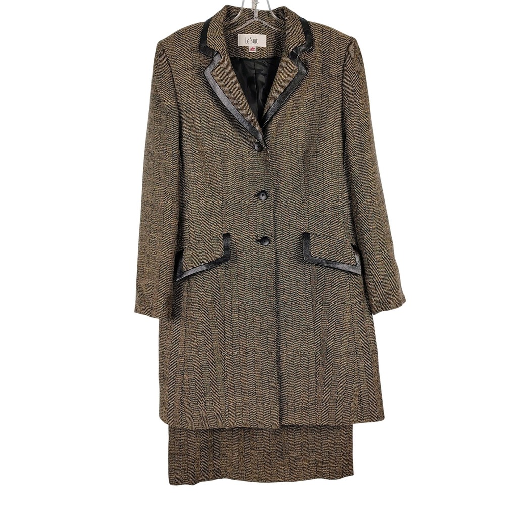 Le Suit Womens SZ 8 Herringbone Skirt Suit Brown Tweed Dark Academia Officecore